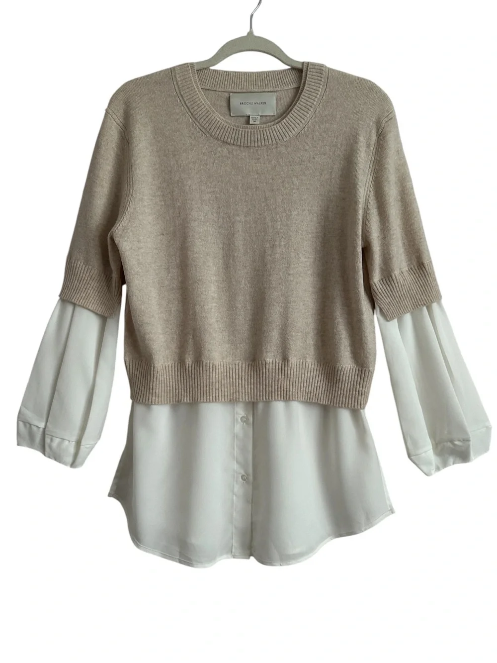 Brochu Walker Ebella Layered Crew Sweater Wool Cashmere Oatmeal Medium